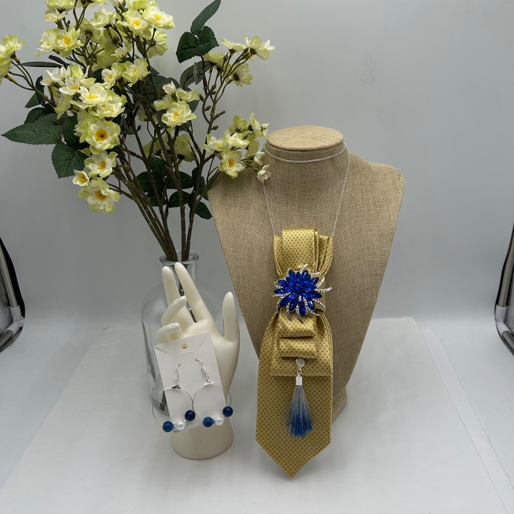 Michael Kors Upcycled Silk Tie Statement Necklace & Beaded Hoop Earring Set Blue - Picture 2 of 12